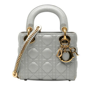 Dior Cannage Lady Chain Shoulder Bag Handbag Gray Leather